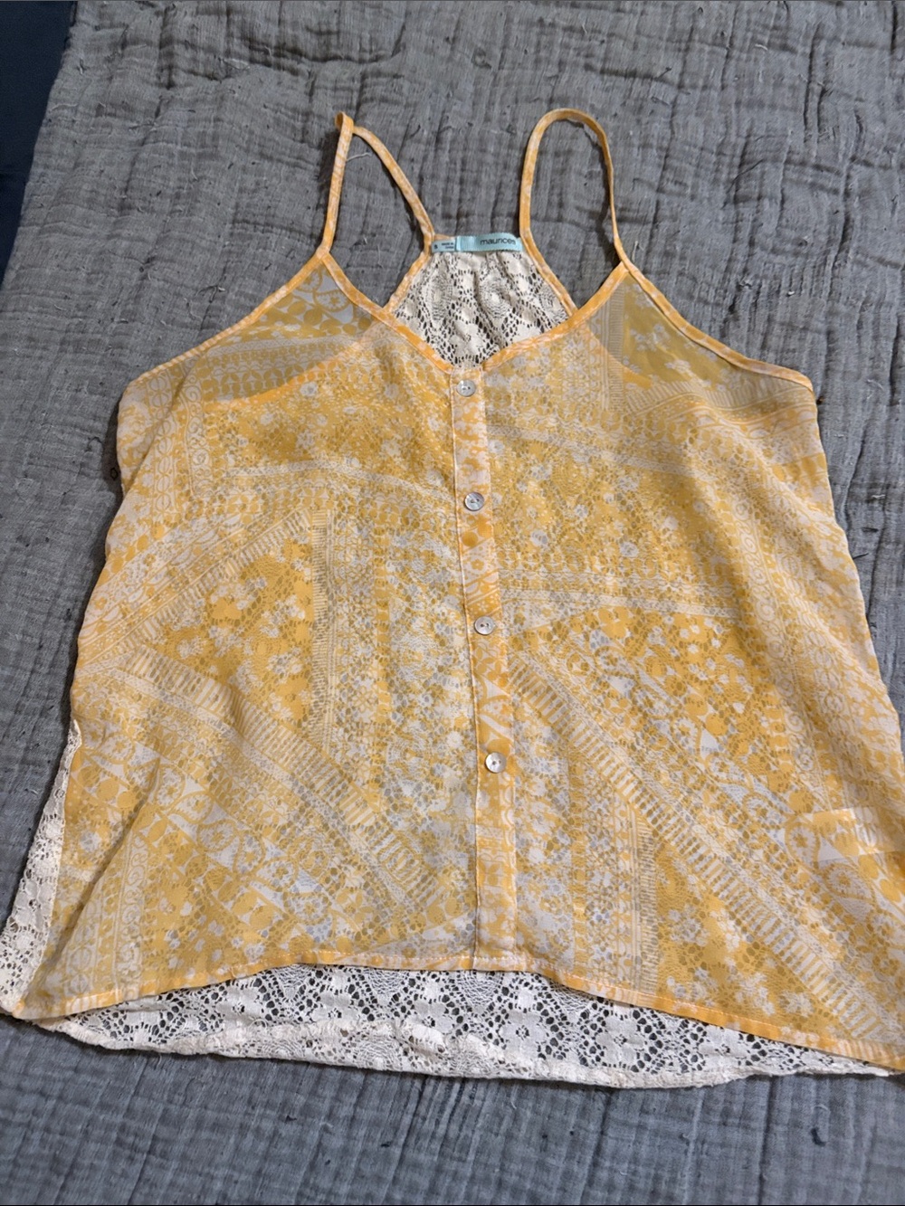 Maurices Yellow Printed Lace-Back Spaghetti Strap Tank Top